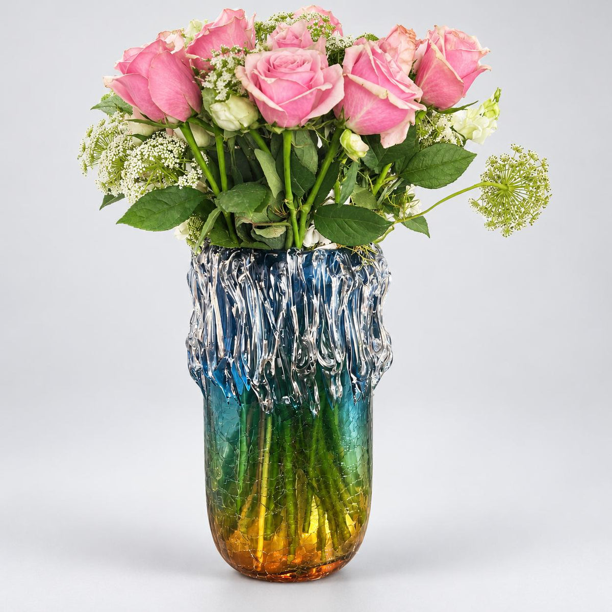 Iridescent Gradient Glass Vase with Pink Roses Arrangement