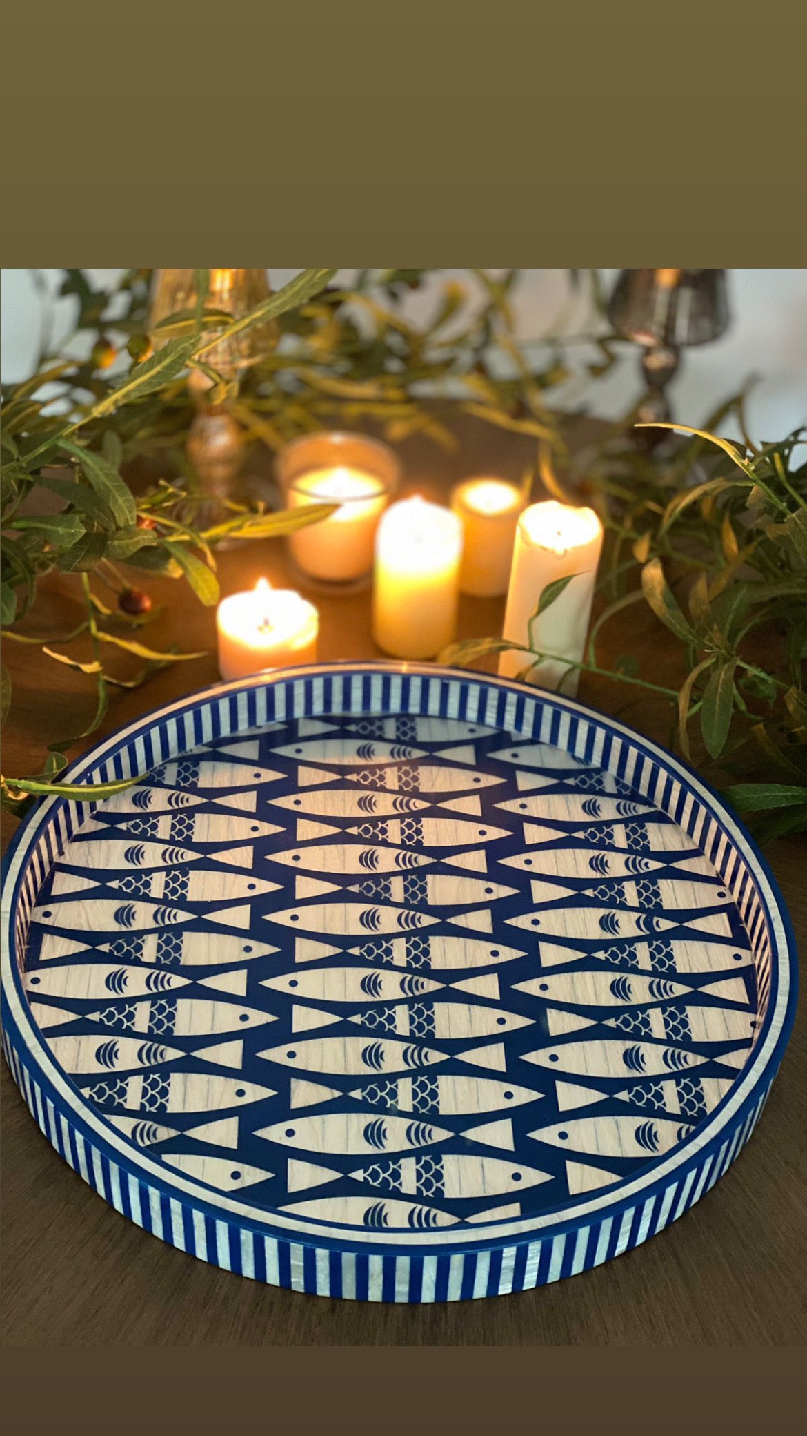 Premium Nautical Wooden Serving Tray – Blue Fish Pattern