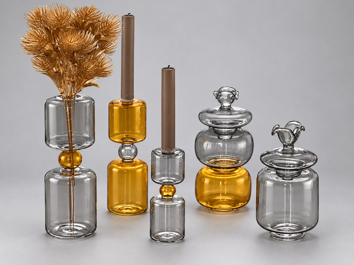 Set of 3 blown glass candle holders with 2 jars