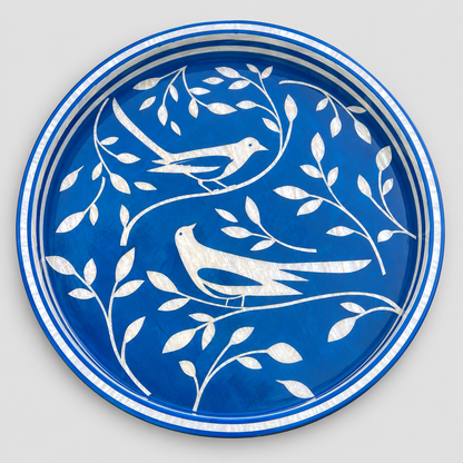 Round Wooden Serving Tray with Mother-of-Pearl Effect