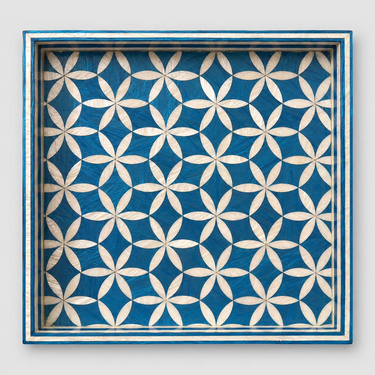 Patterned Wooden Serving Tray with Mother-of-Pearl Effect