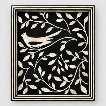 Patterned Wooden Serving Tray with Mother-of-Pearl Effect