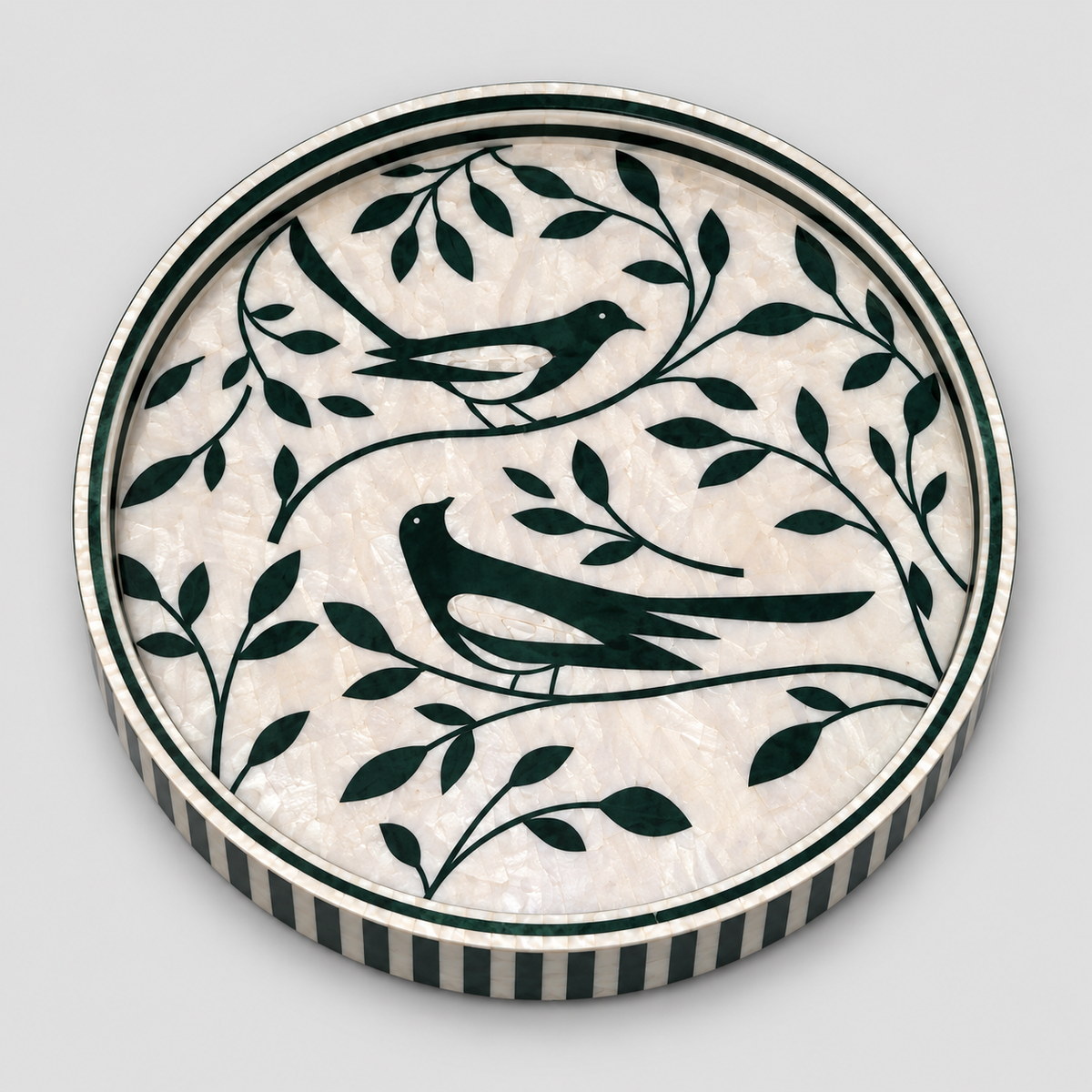 Round Wooden Serving Tray with Mother-of-Pearl Effect