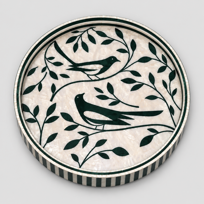 Round Wooden Serving Tray with Mother-of-Pearl Effect