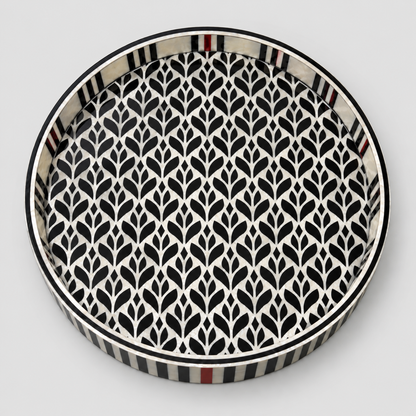 Round Wooden Serving Tray with Mother-of-Pearl Effect