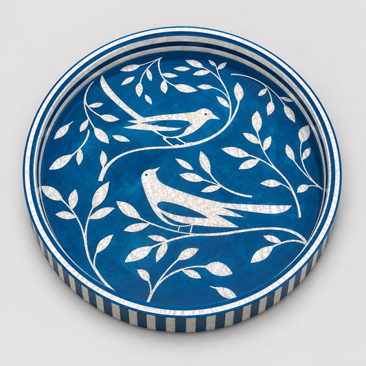 Round Wooden Serving Tray with Mother-of-Pearl Effect