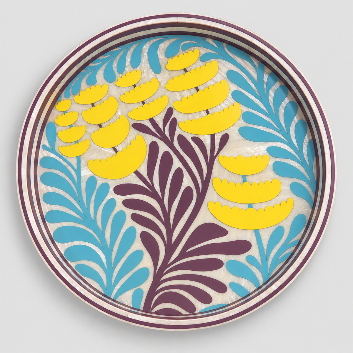 Round Wooden Serving Tray with Mother-of-Pearl Effect