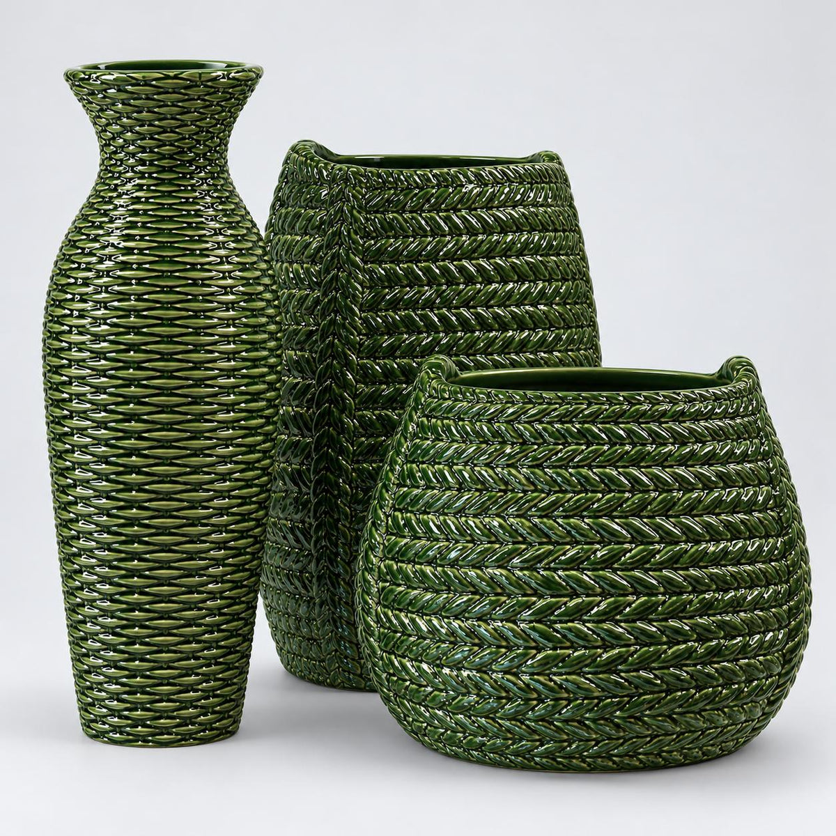 Green Woven Textured Ceramic Vases Set