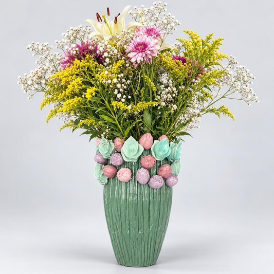 Green Floral Ceramic Vase with Wildflower Arrangement